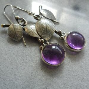 Amethyst Cherry Fashion Metal Leaf Dangly Boho Retro‎ Earrings Chic Inset
